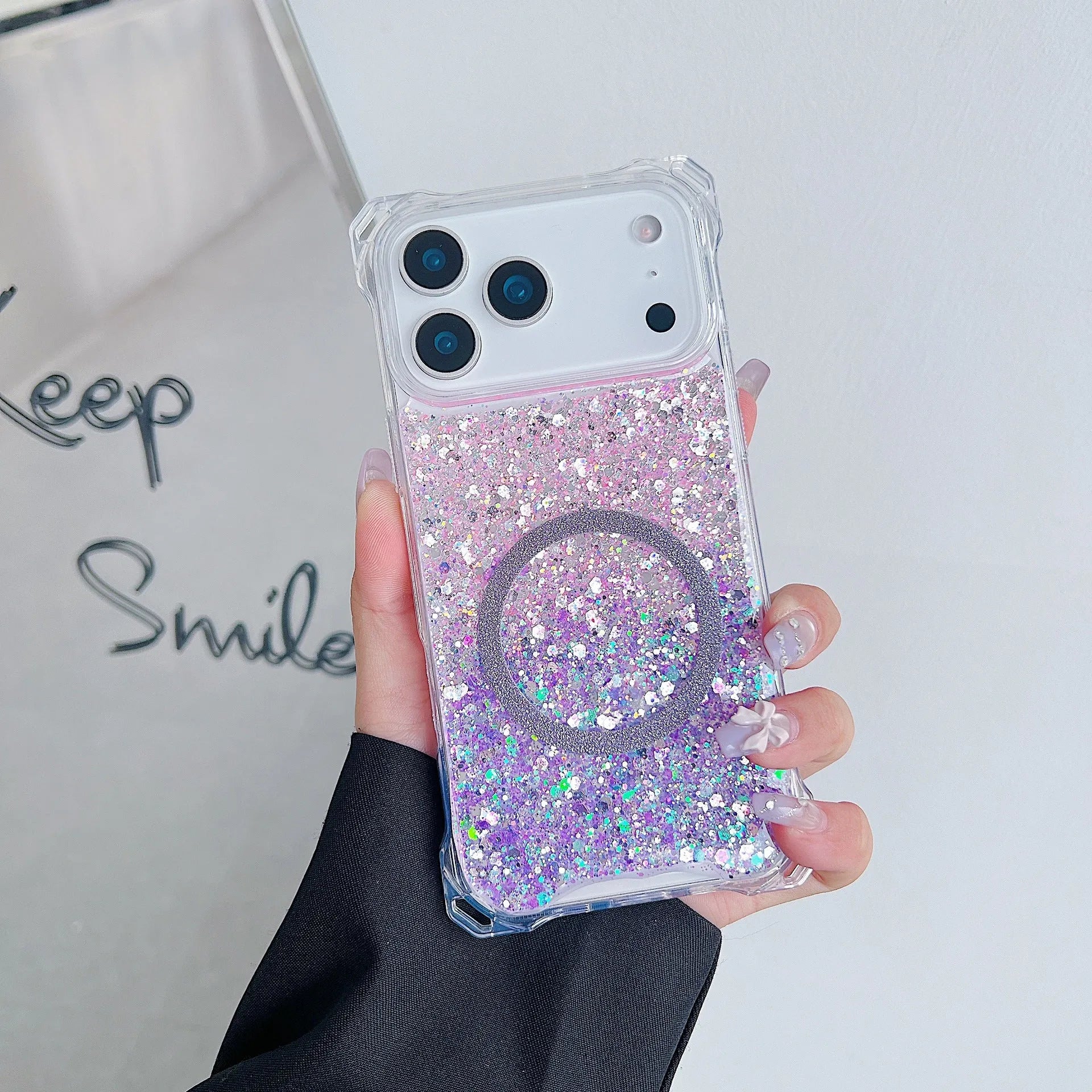Glitter magnetic drop-resistant TPU phone case for iPhone 16 Pro with frosted finish in pink blue colour option