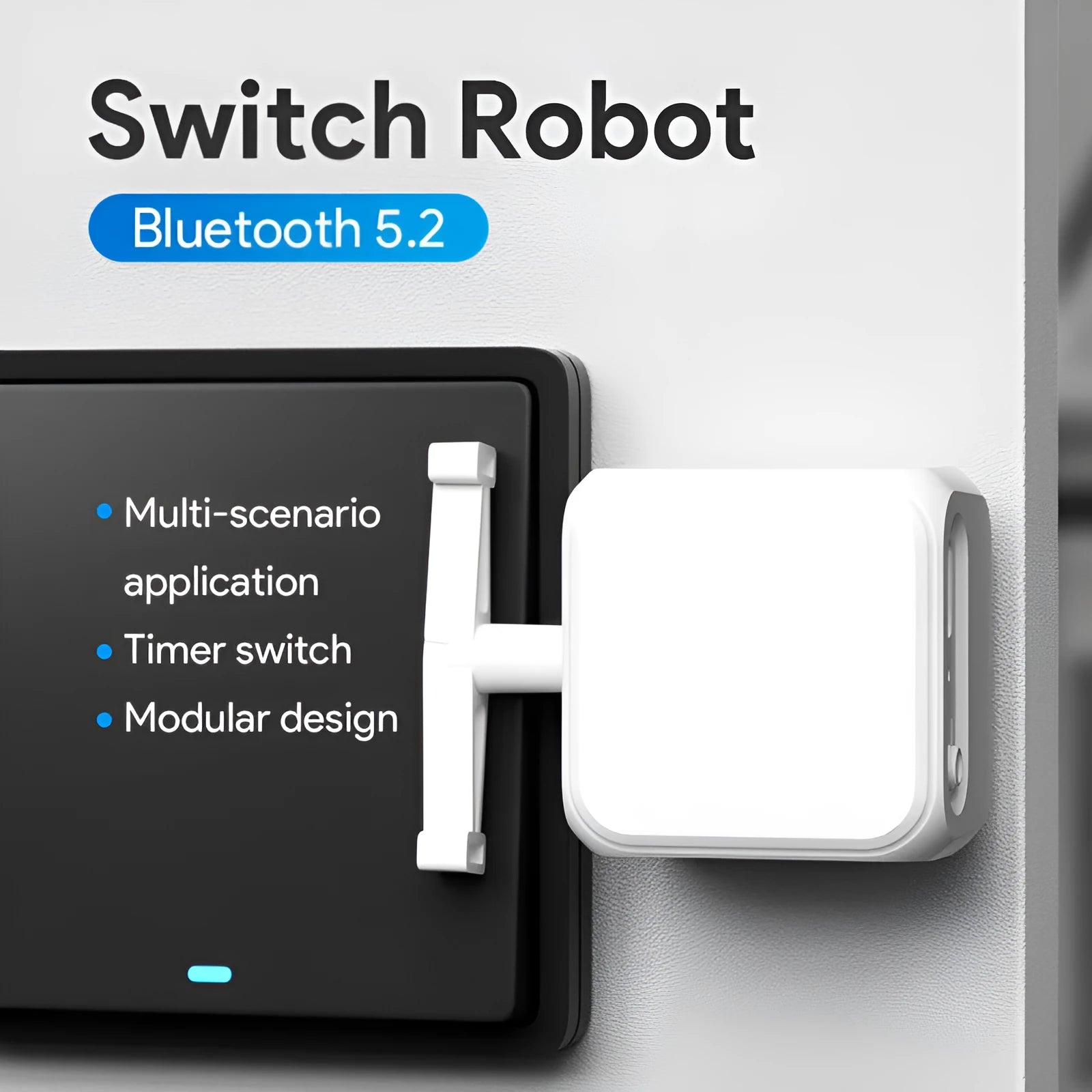 White Bluetooth thumb remote control measuring 53x29x14mm with rocker arm mechanism