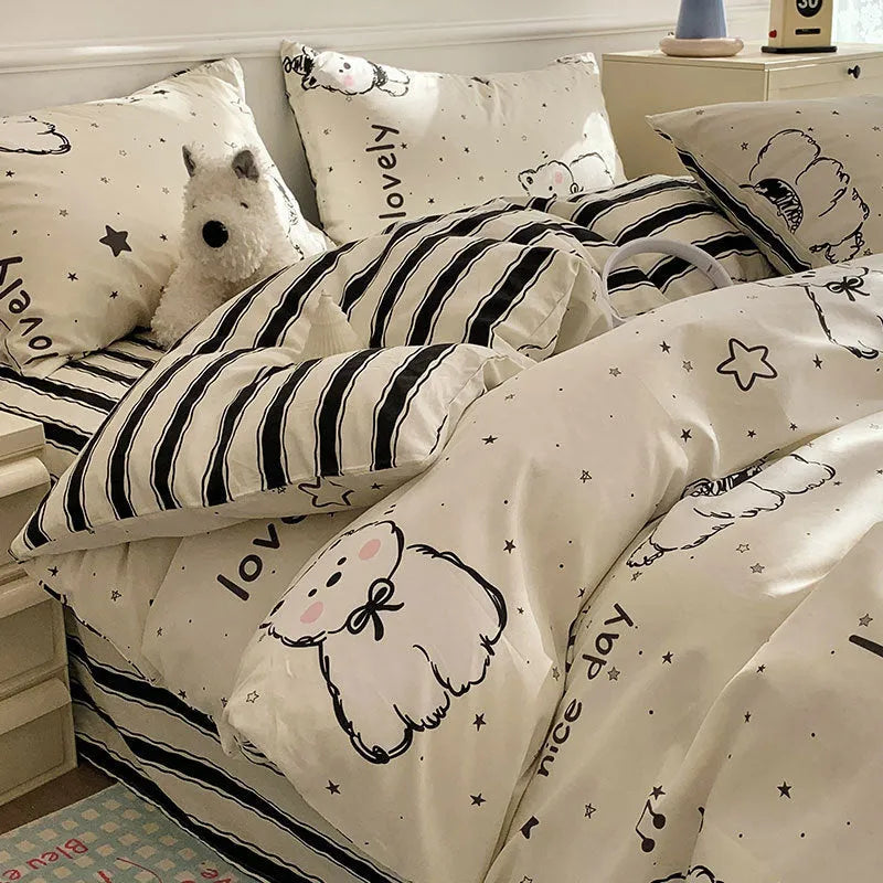 Cartoon dog cotton bedding set four-piece pure cotton quilt cover with animal world design