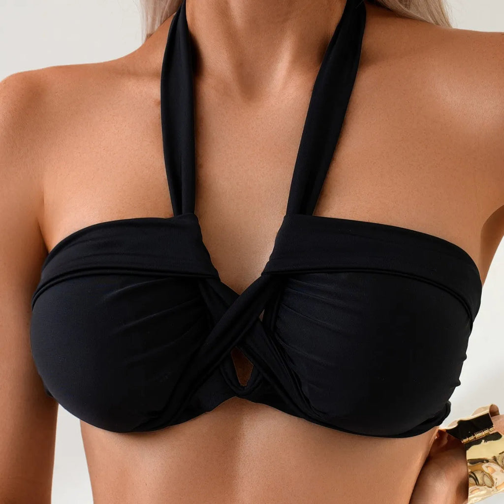 Black backless women's bikini swimsuit with briefs style for swimming