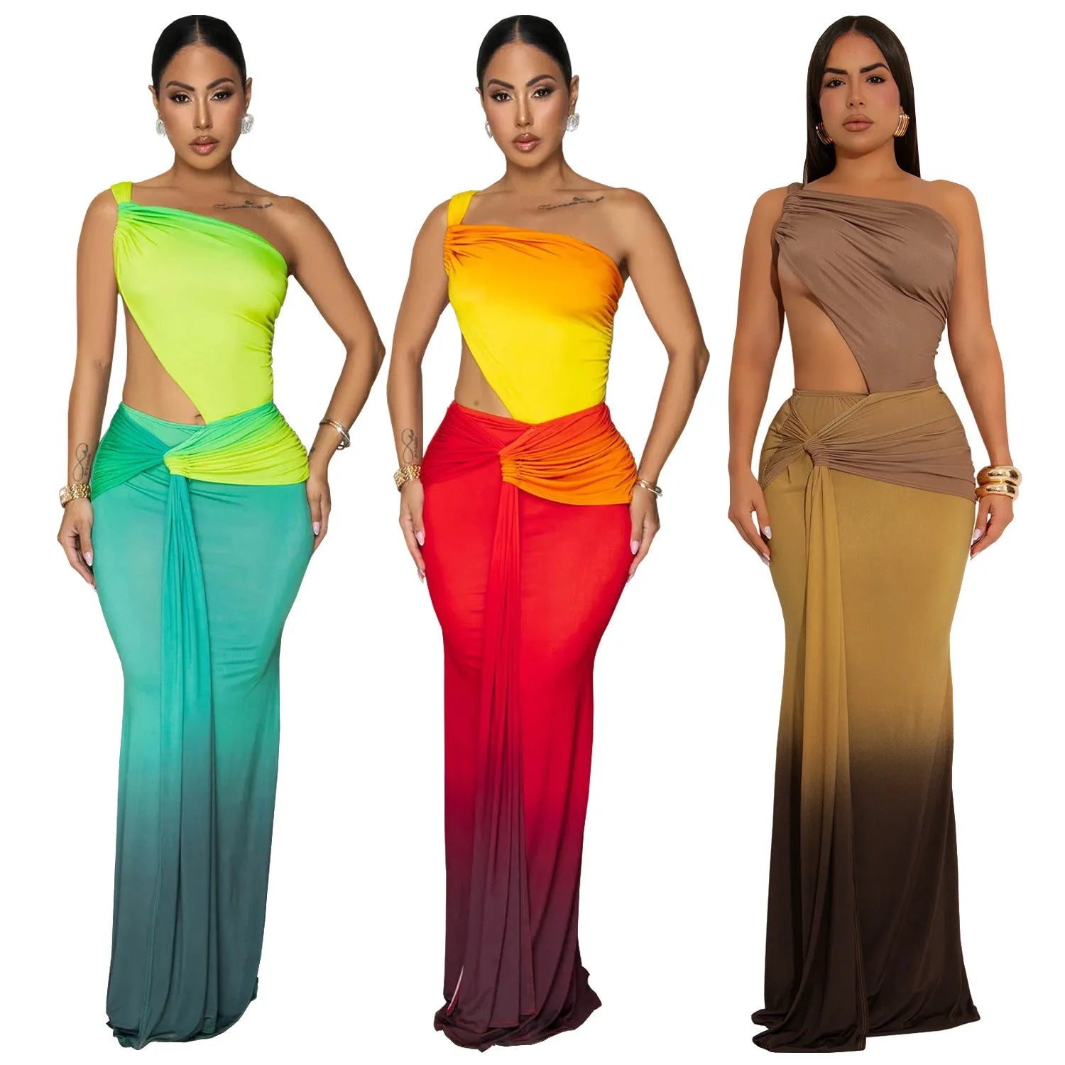 Women's gradient colour cross-shoulder sleeveless dress with high waist and long one-step skirt