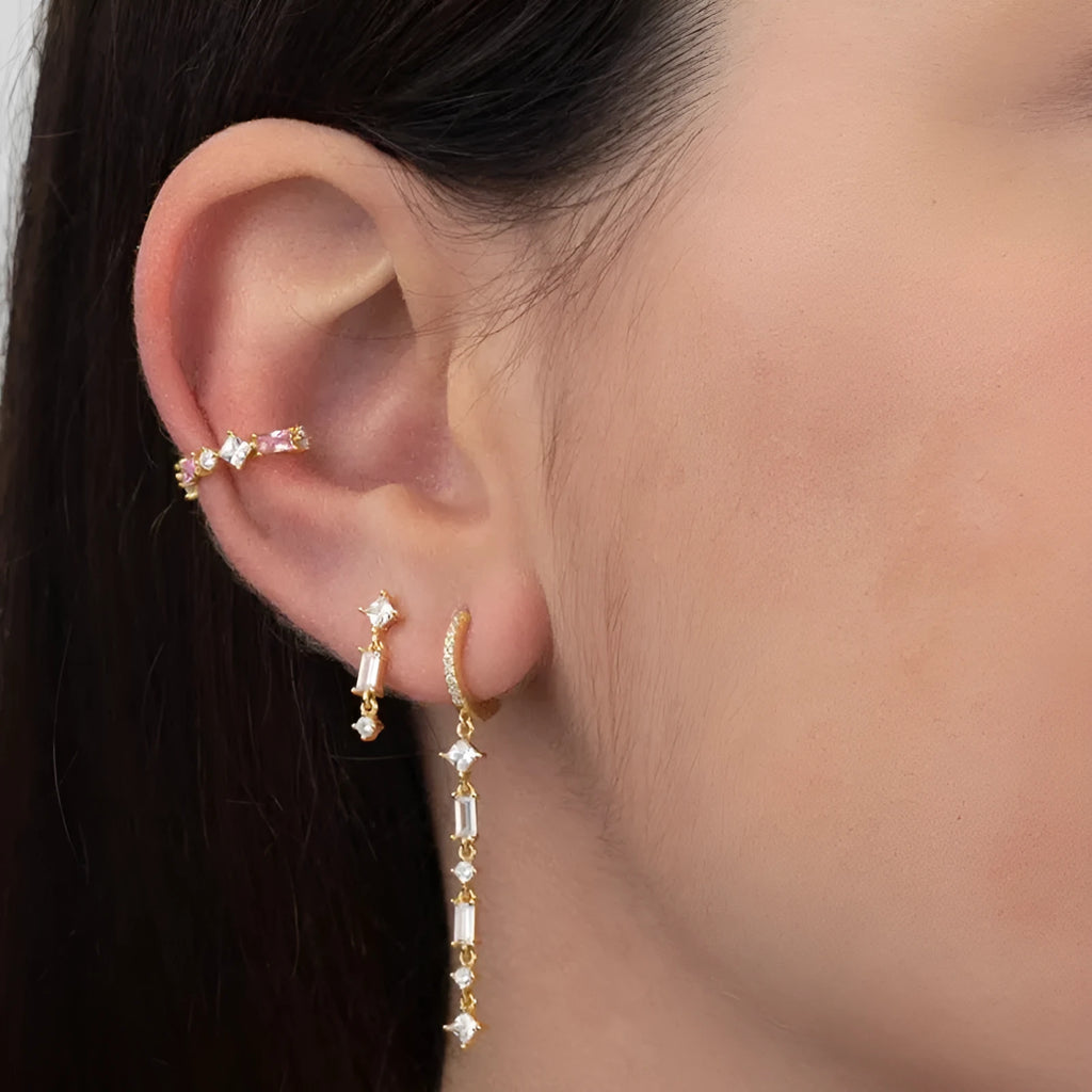 Sterling silver alloy U-shaped geometric ear clips with micro-inlaid colourful zircon detailing
