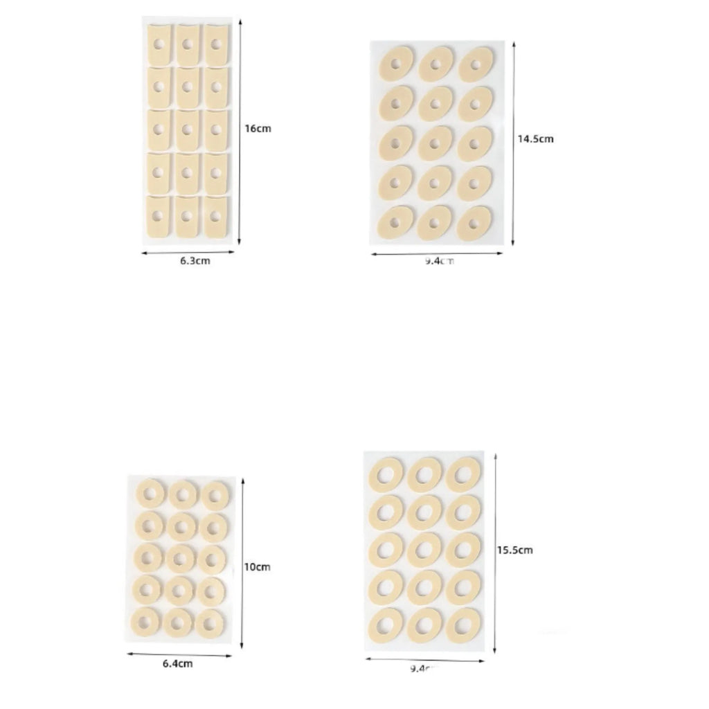 Assortment of clear gel corn protector pads in oval, U-shaped, and circular shapes on a white background.