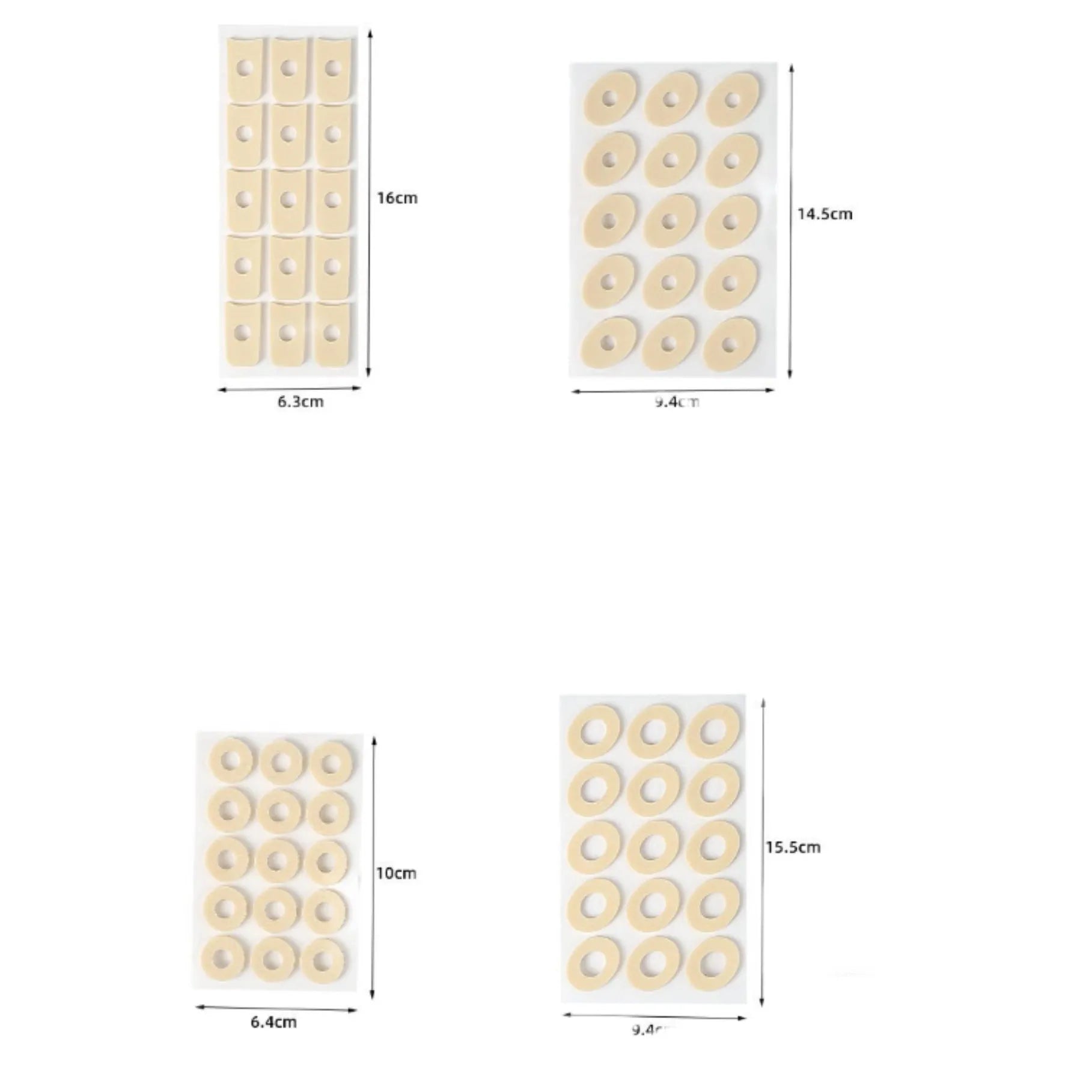 Assortment of clear gel corn protector pads in oval, U-shaped, and circular shapes on a white background.
