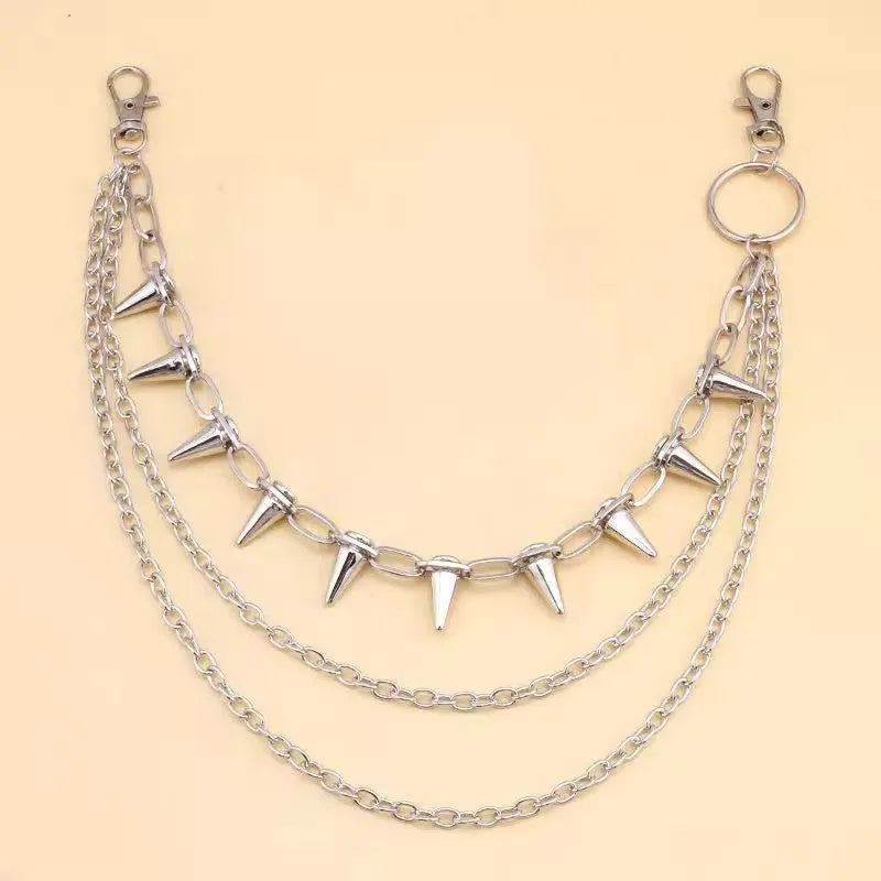 Silver metal trousers chain with double-layer design and rivet detailing measuring 115cm