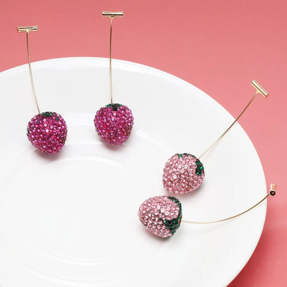 Red zinc alloy strawberry earrings with geometric spot drill design for women.