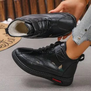 Women's black velvet cotton shoes with rubber soles and decorative hollow-out elements