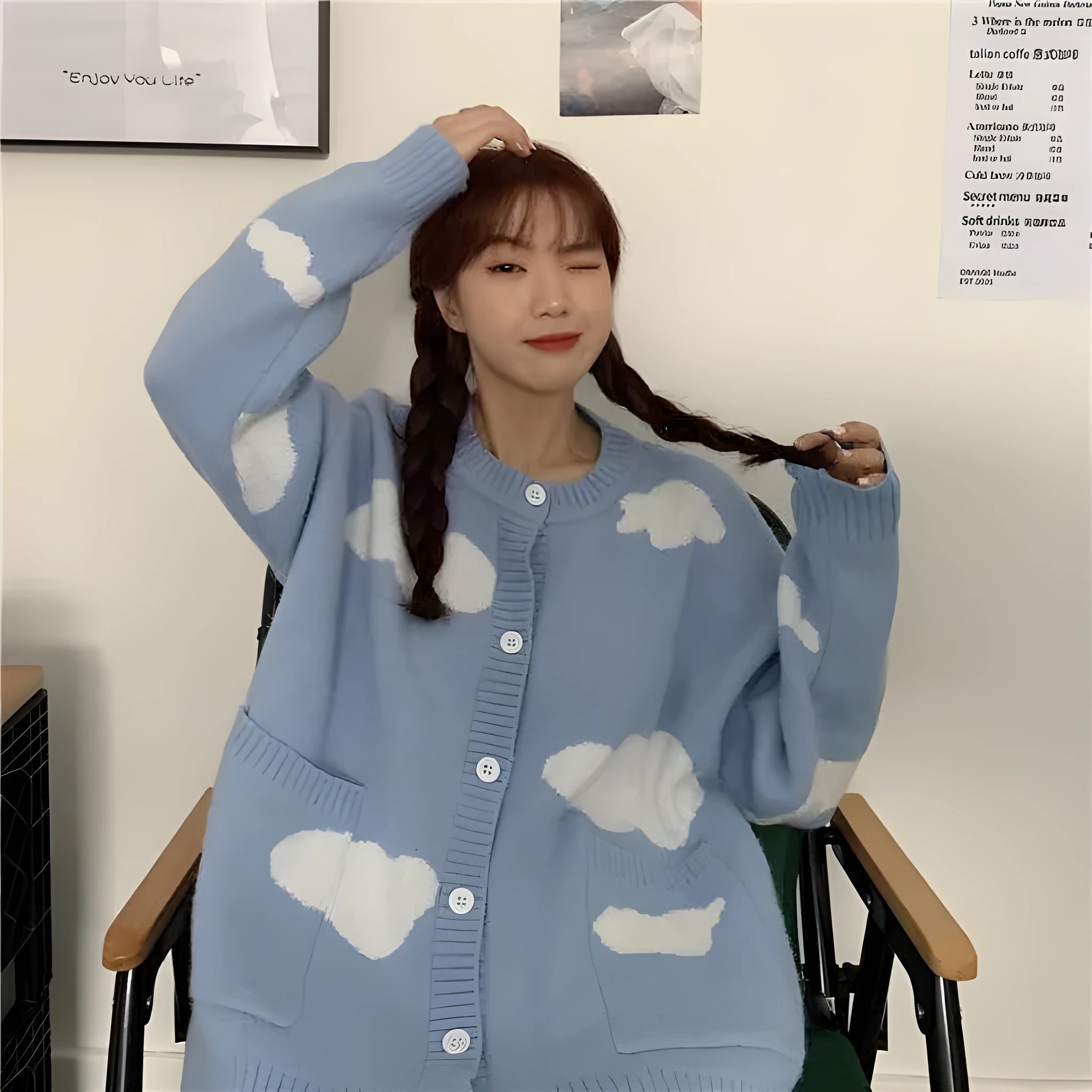 Blue cloud pattern women's spandex cardigan sweater with long sleeves