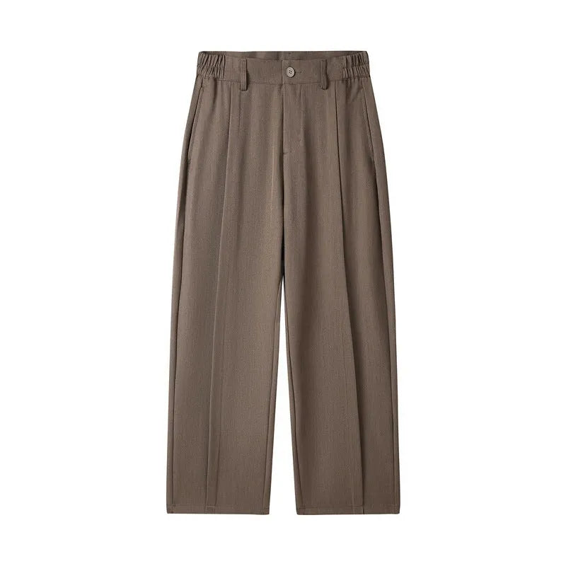 Men's casual loose straight-leg pants in solid colour with mid-high elastic waist and button fly front, available in plus sizes