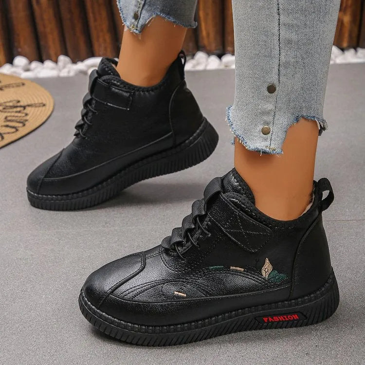 Women's black velvet cotton shoes with rubber soles and decorative hollow-out elements