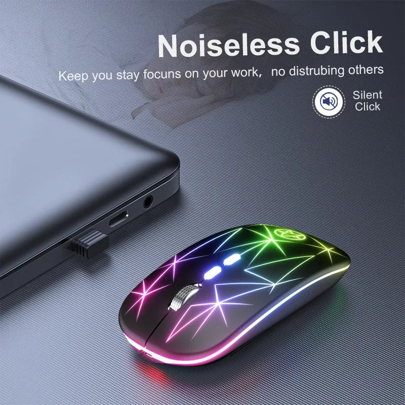 Wireless gaming mouse with RGB lighting and metal scroll wheel on black surface