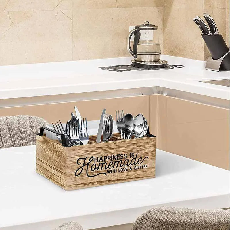 Wooden kitchen tableware storage box with grid compartments measuring 23 x 16.8 cm