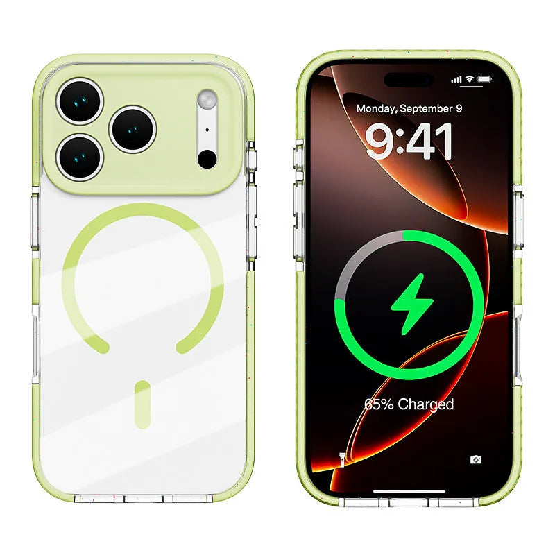 Three-in-one drop-resistant transparent protective case for iPhone with magnetic suction, in candy green colour, showing TPU bumper and PC back