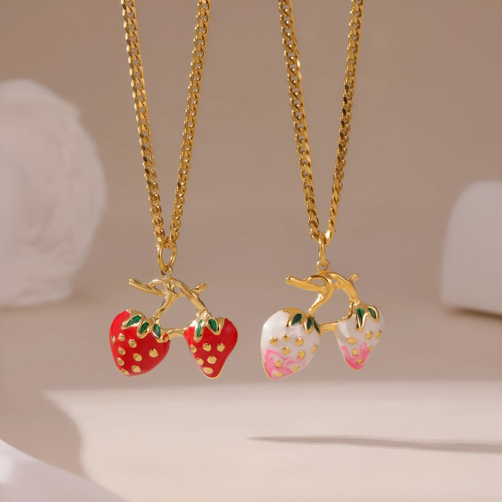 Stainless steel strawberry fruit necklace pendant in white gradient or red colour options