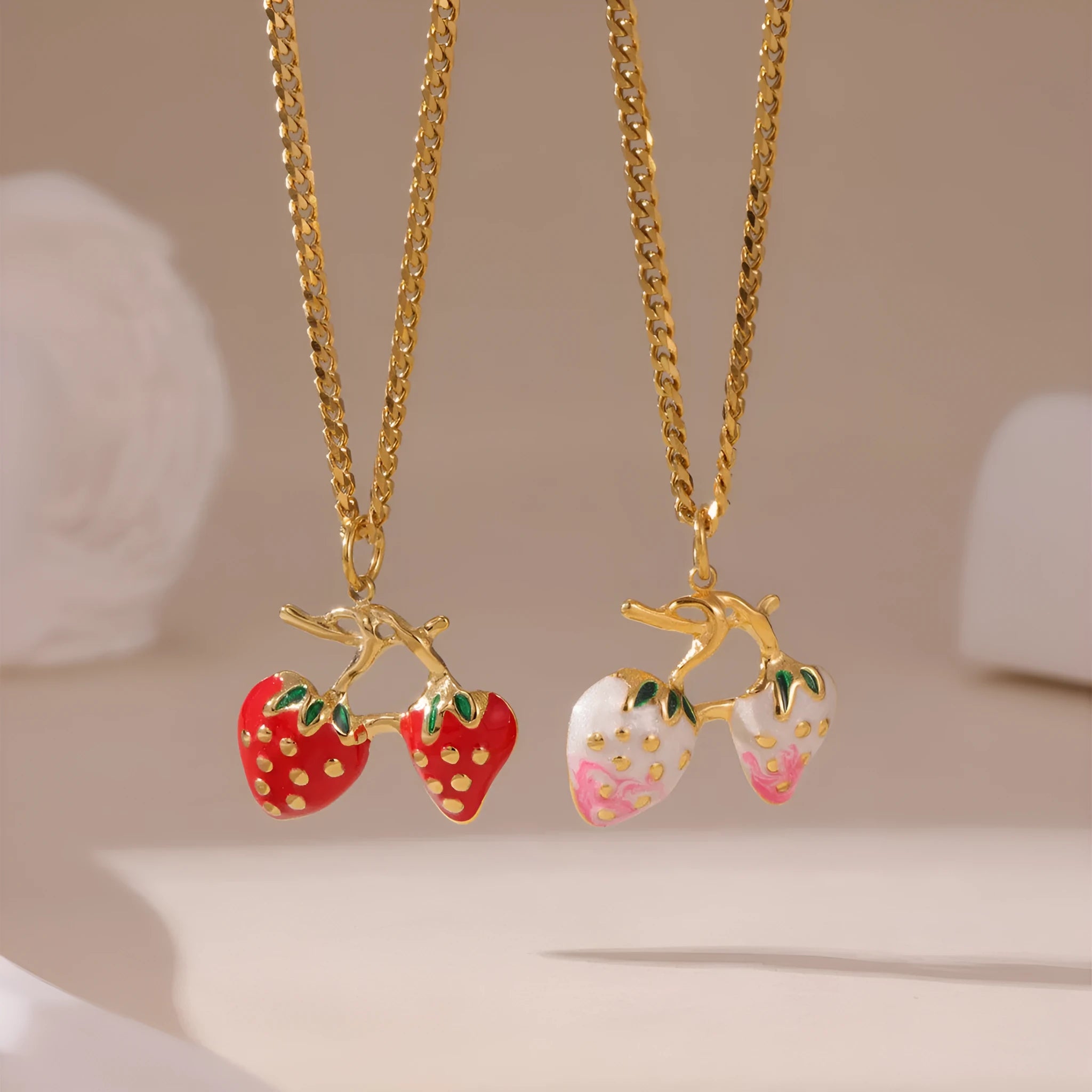 Stainless steel strawberry fruit necklace pendant in white gradient or red colour options