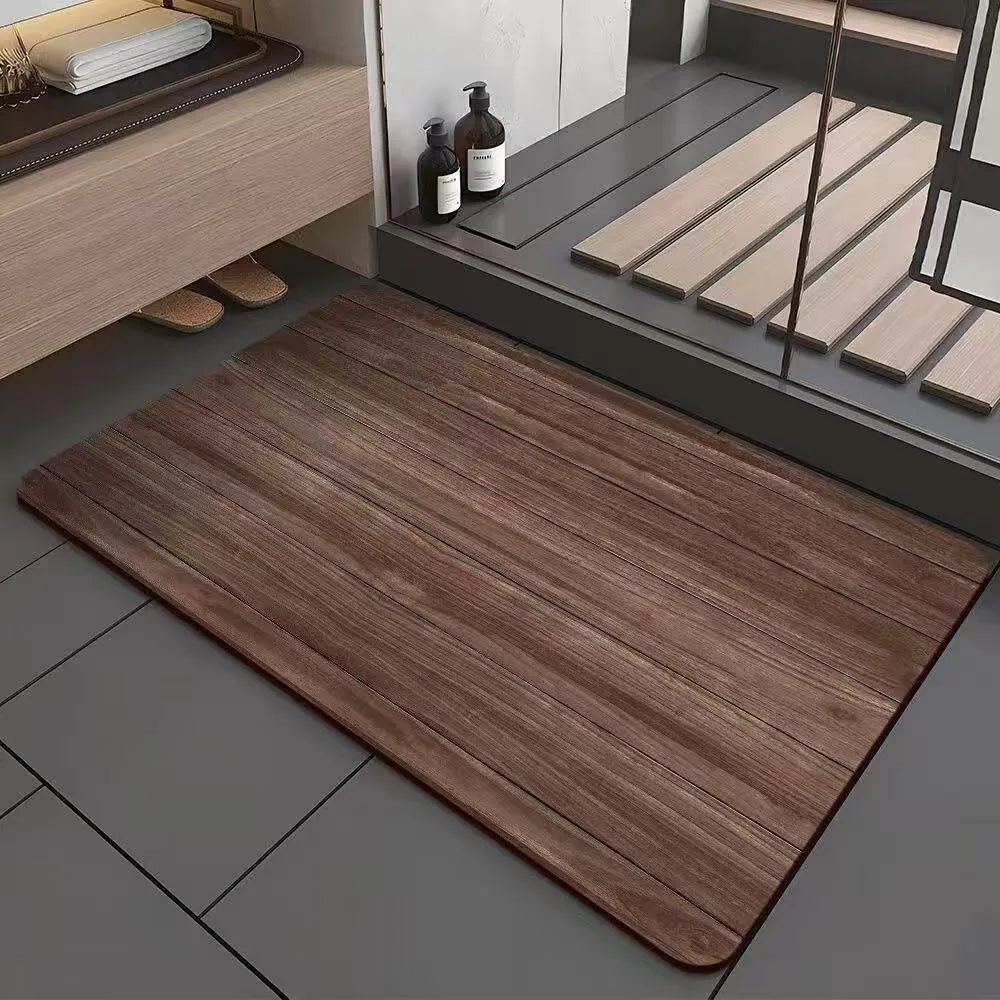 Square diatom ooze floor mat with wood grain pattern for non-slip bathroom use