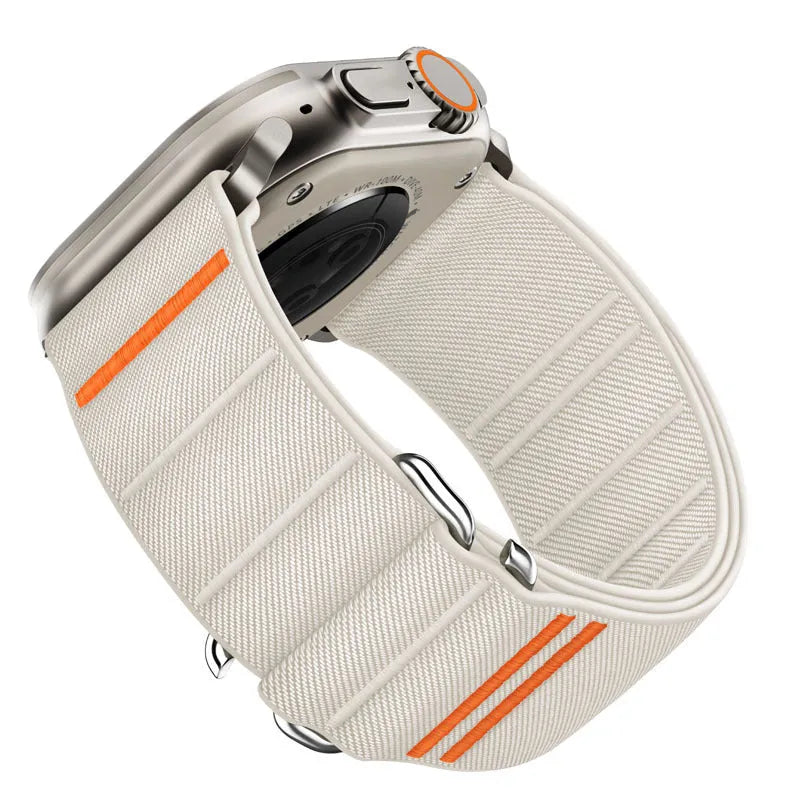 Elastic nylon Apple Watch band with stainless steel buckle shown in Army Green colour.