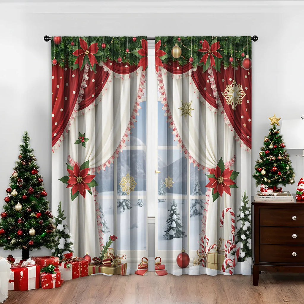 Pair of 3D digital printed Christmas curtains in polyester with European festive patterns hanging at window