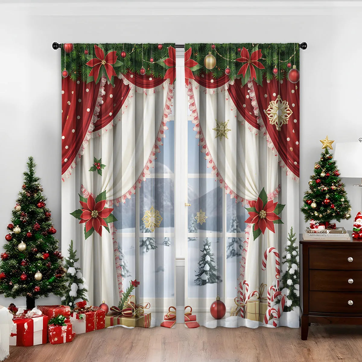 Pair of 3D digital printed Christmas curtains in polyester with European festive patterns hanging at window