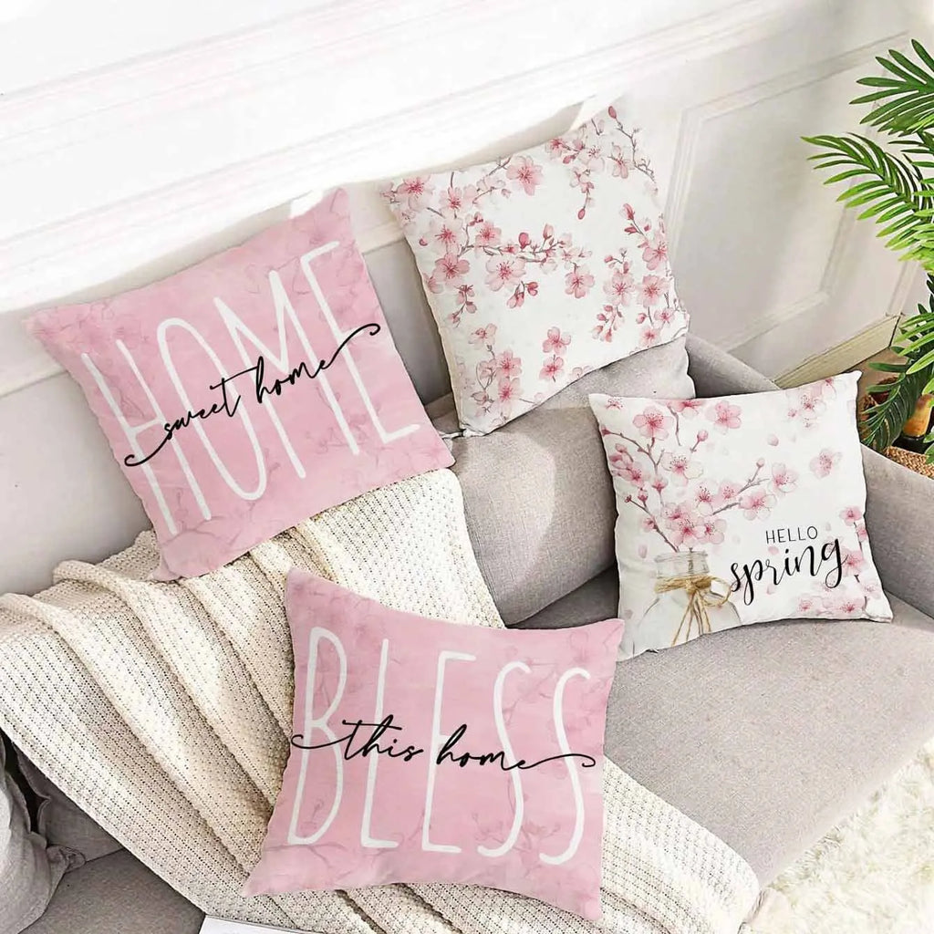 Square short velvet cushion cover with cherry blossom and letter print in four colour options