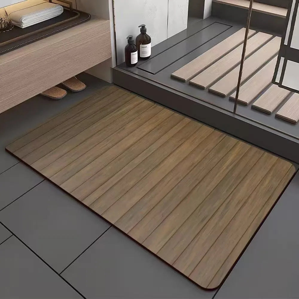 Square diatom ooze floor mat with wood grain pattern for non-slip bathroom use