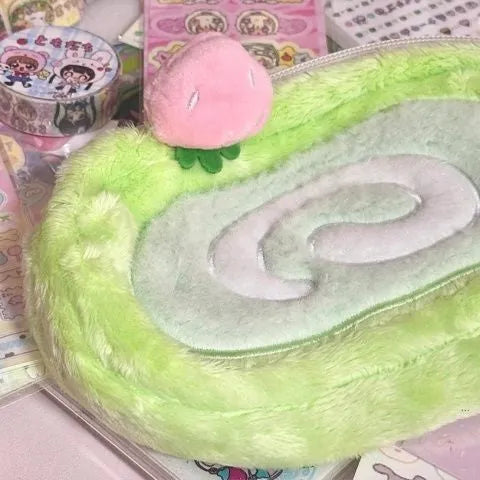 Honeydew Swiss roll cake design velvet pencil case in Korean style roll format