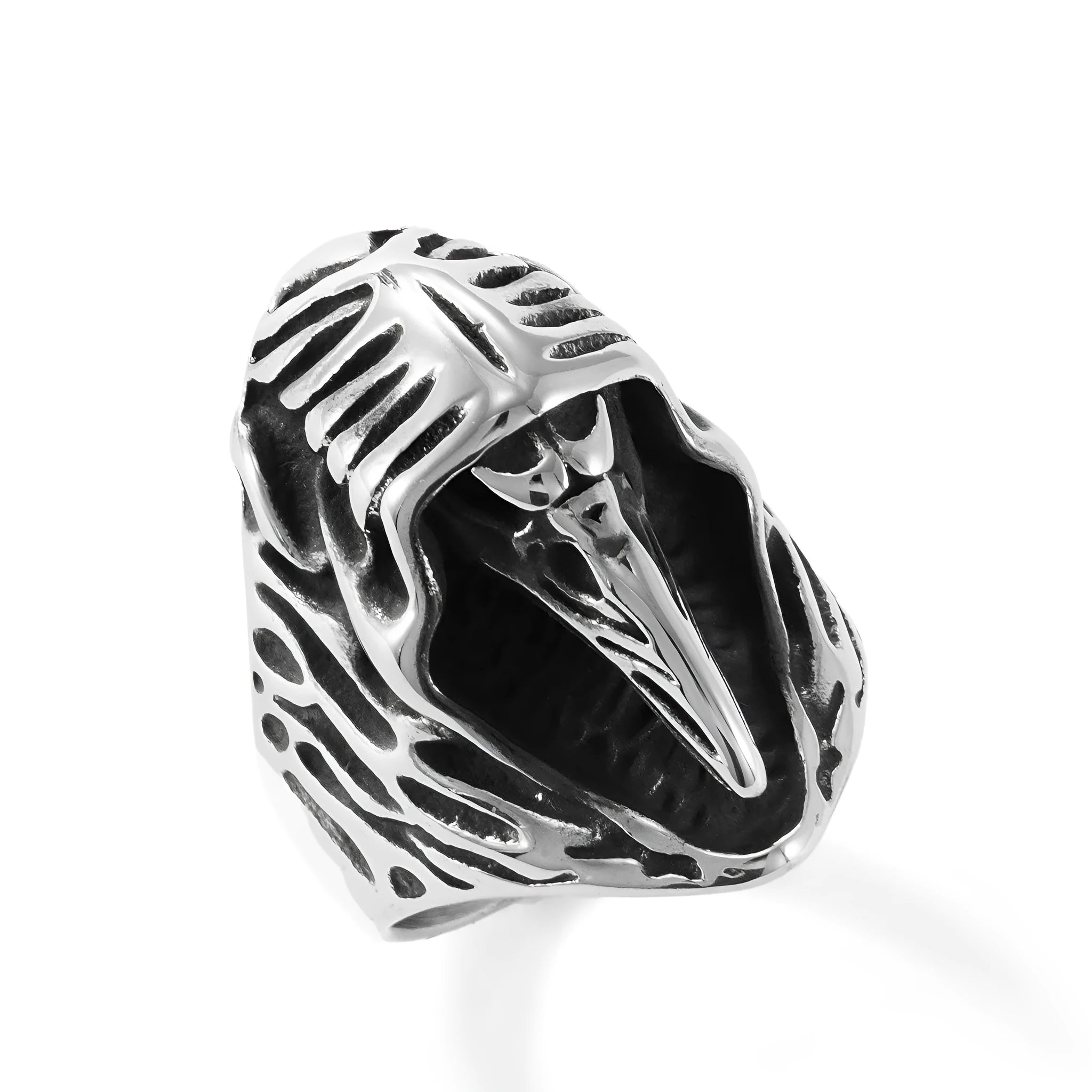 Geometric titanium steel crow ring in punk style on a grey background.