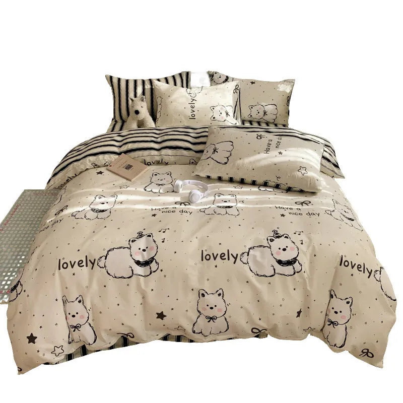 Cartoon dog cotton bedding set four-piece pure cotton quilt cover with animal world design