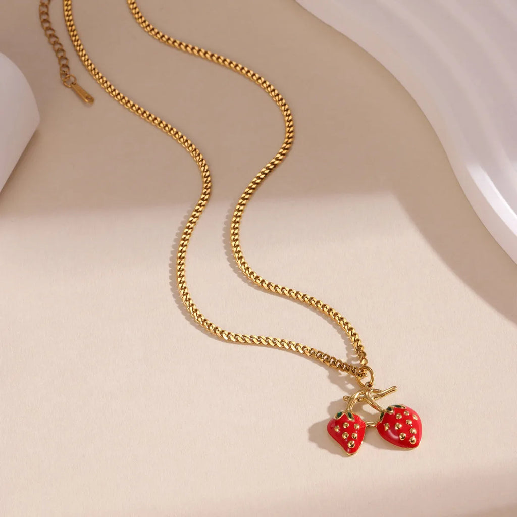 Stainless steel strawberry fruit necklace pendant in white gradient or red colour options