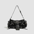 Black oil wax leather retro handbag with multiple compartments and dumpling-shaped design