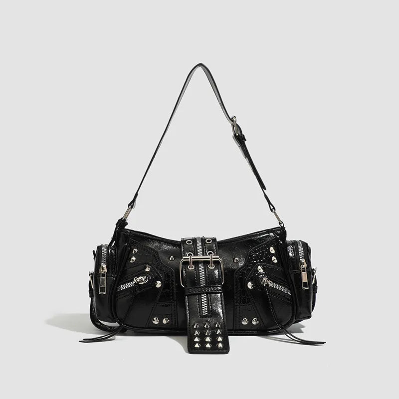 Black oil wax leather retro handbag with multiple compartments and dumpling-shaped design