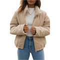 Women's apricot-coloured corduroy jacket with a stand collar and front zipper, laid flat.