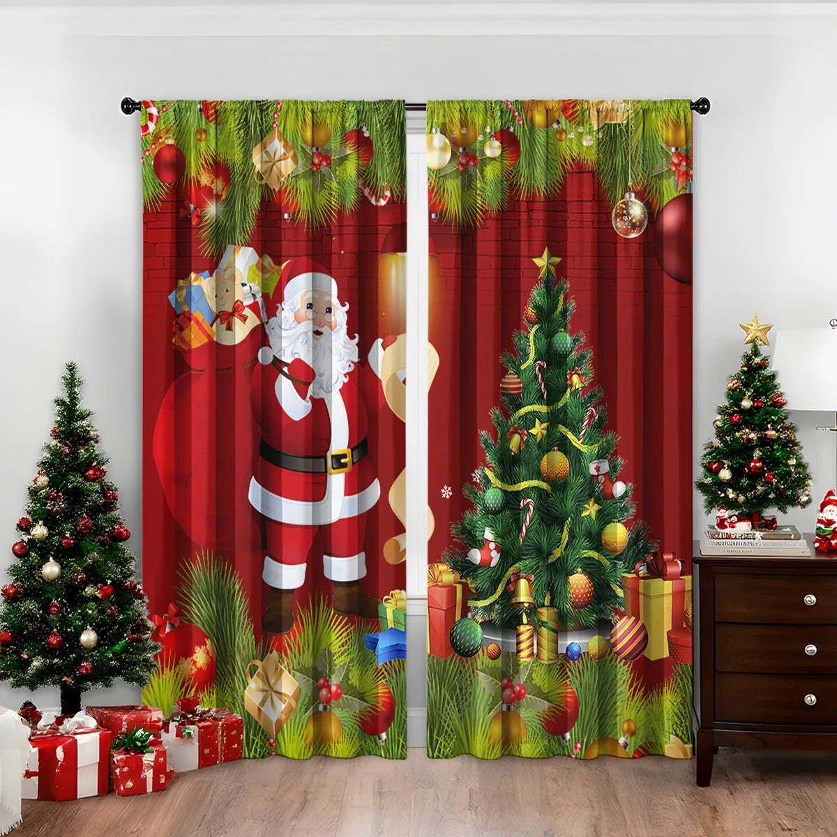 3D digitally printed Christmas curtains in polyester with festive patterns, showing high sunshade function