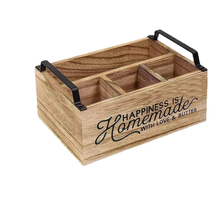 Wooden kitchen tableware storage box with grid compartments measuring 23 x 16.8 cm