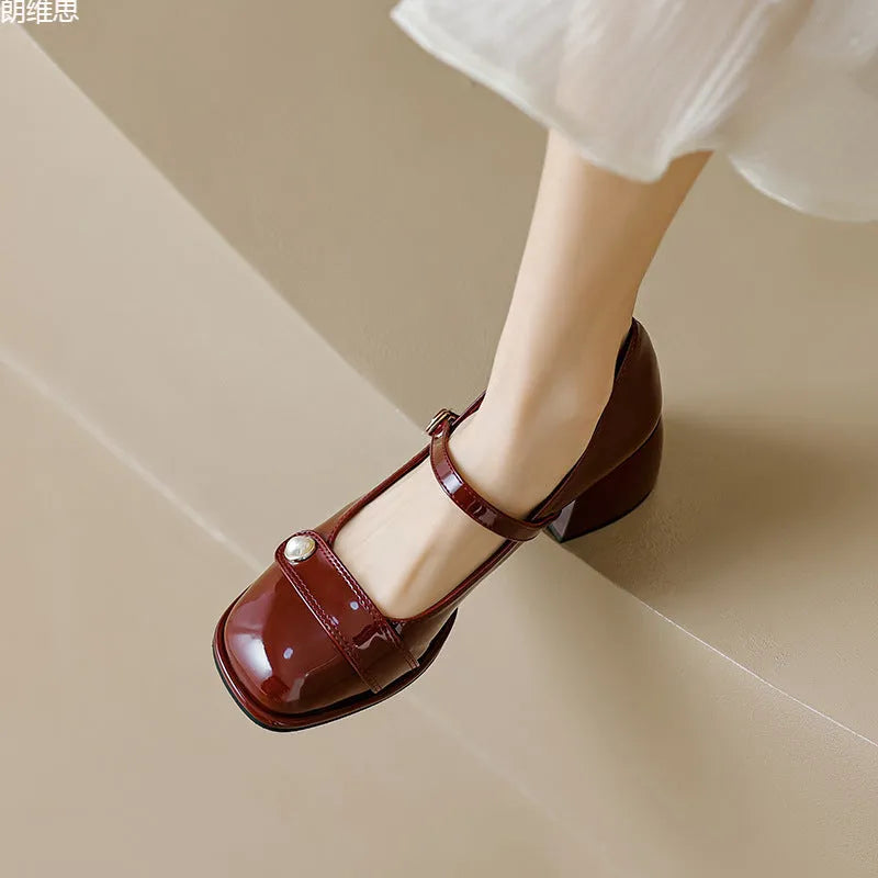 Plus size square toe ankle boots with chunky heel and buckle in patent leather