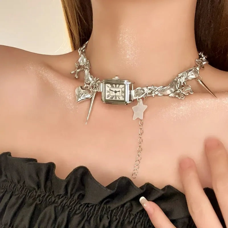 Dark style women's twin-layer necklace with cross pendant on adjustable 41cm–50cm alloy chain