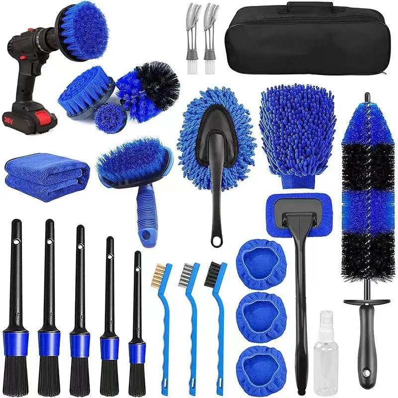 26-piece car cleaning brush set with multiple brush heads for vehicle detailing
