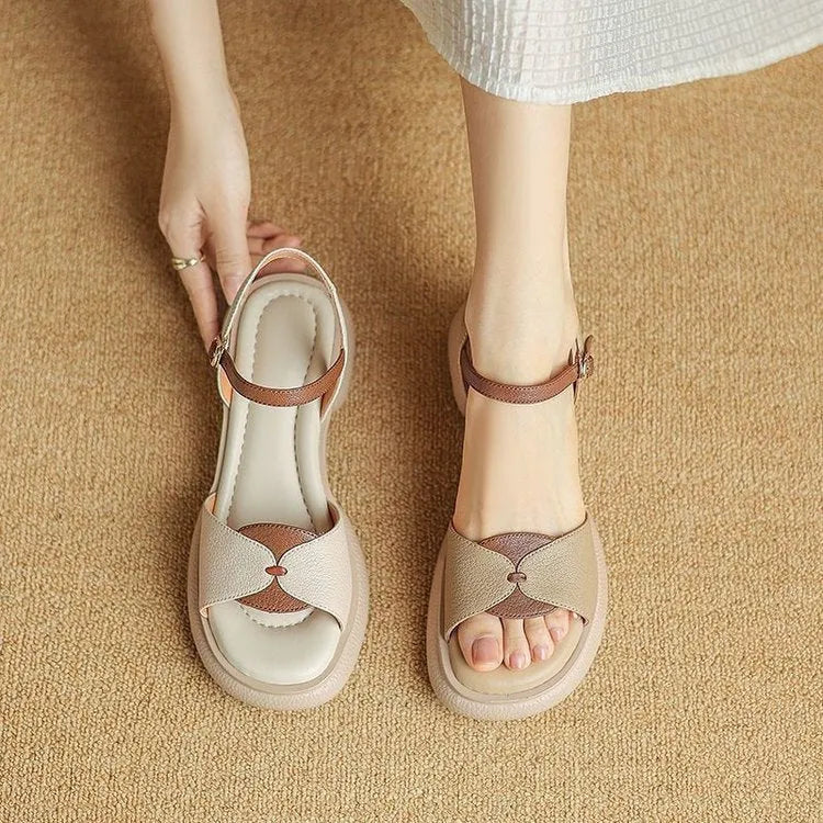 Women's beige chunky heel platform open toe sandals with renewable leather upper