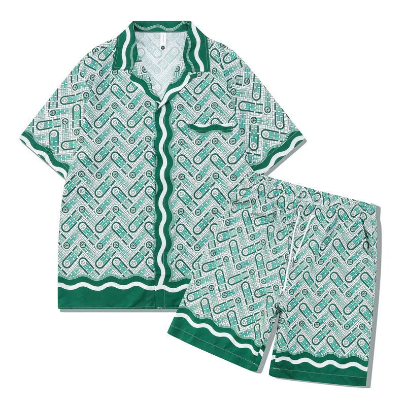 Men's plaid shirt and trouser casual outfit in polyester fabric with European-American styling