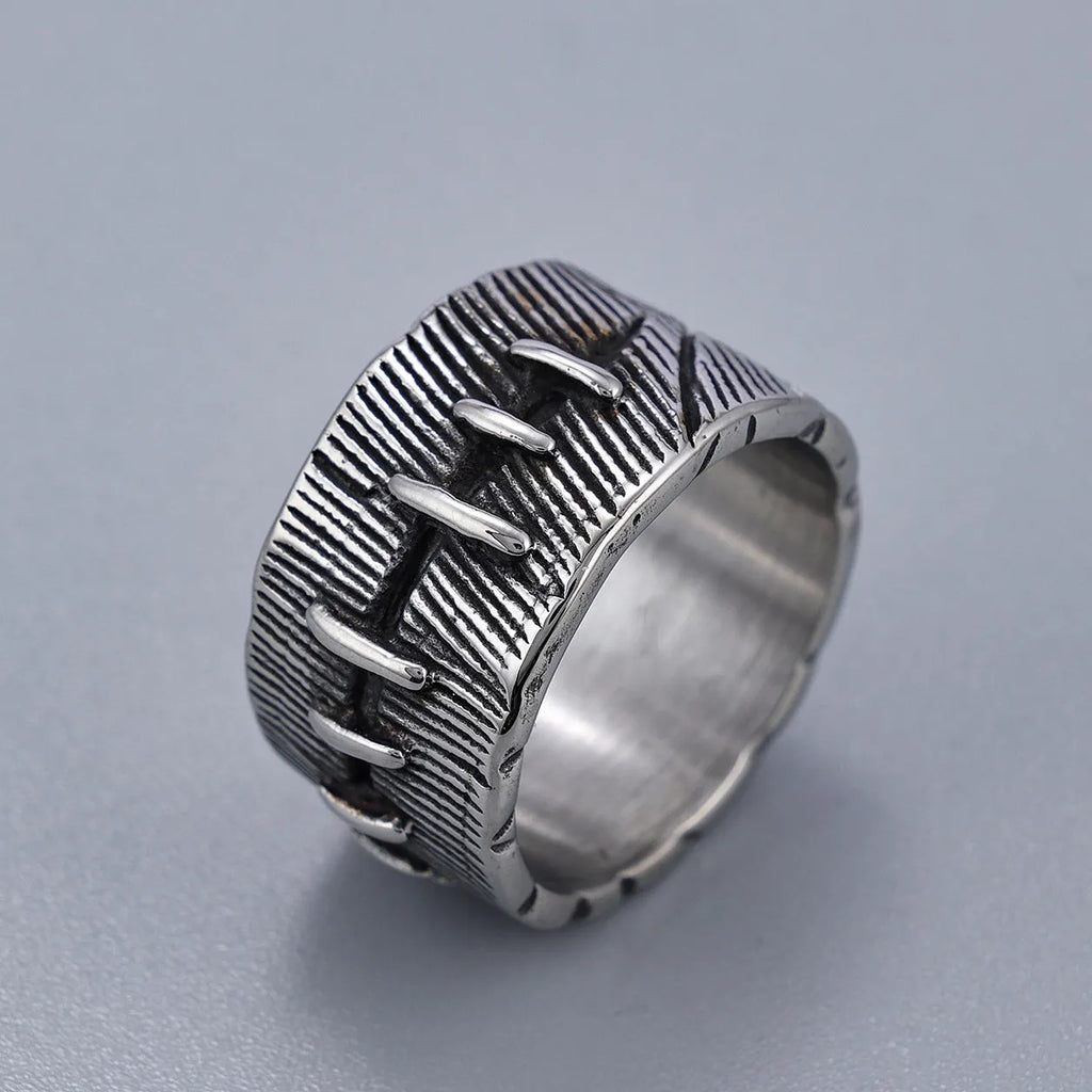 Geometric dark punk titanium steel ring with a double ring design in a retro colour finish.