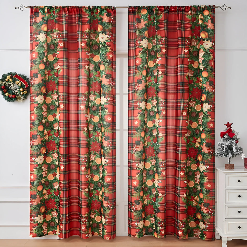 Printed polyester Christmas curtain with red plaid design showing semi-sunshade light filtering