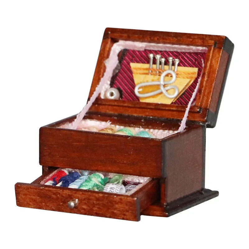 European style birch wood miniature sewing kit ornament measuring 2.2cm