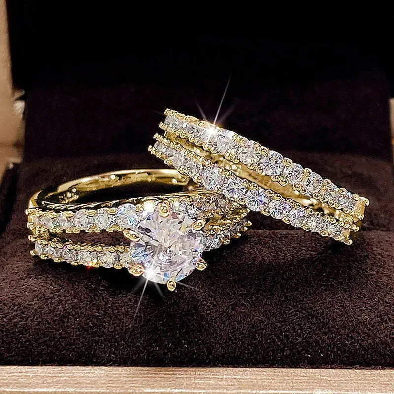 A 2 in 1 set of fully-jewelled geometric rings for women, shown in rose gold, silver, and gold colour options.