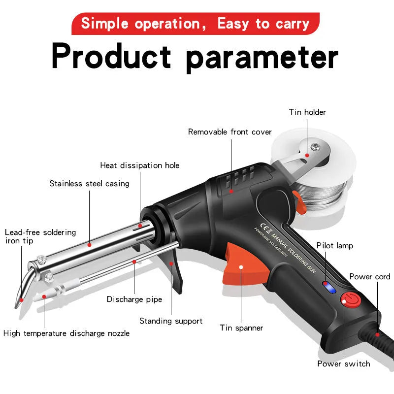 G102 black alloy soldering gun with built-in light, 205 × 170mm dimensions