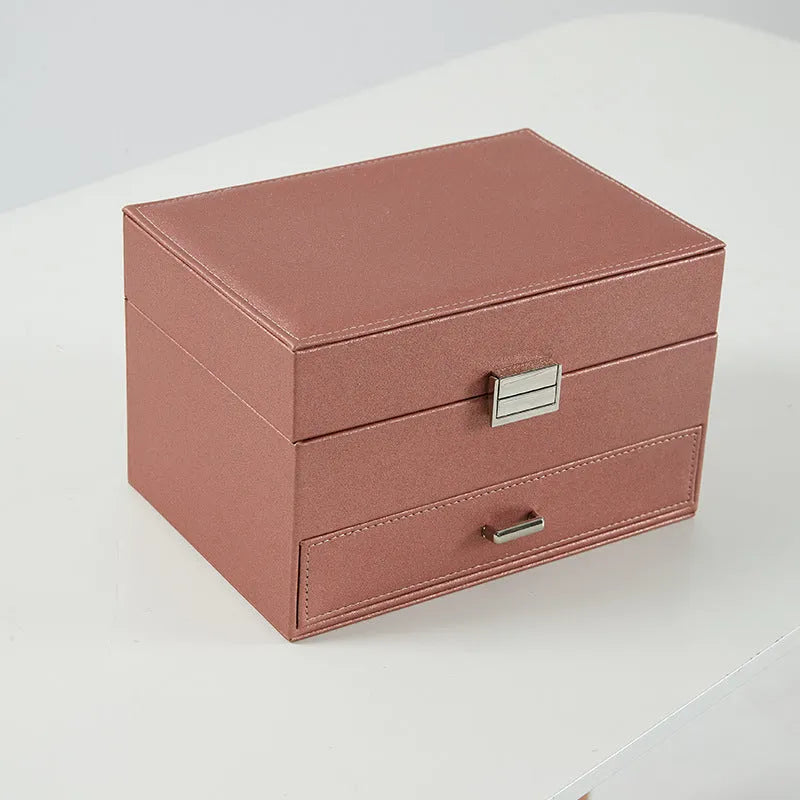 Hard-shell PU leather jewelry storage box in beige, black, pink, or rose gold.