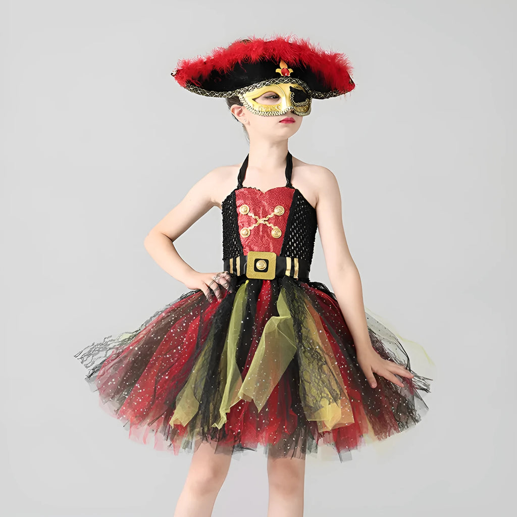 A sleeveless girls pirate dress costume with sequin and mesh decoration, shown with an optional black eye mask.