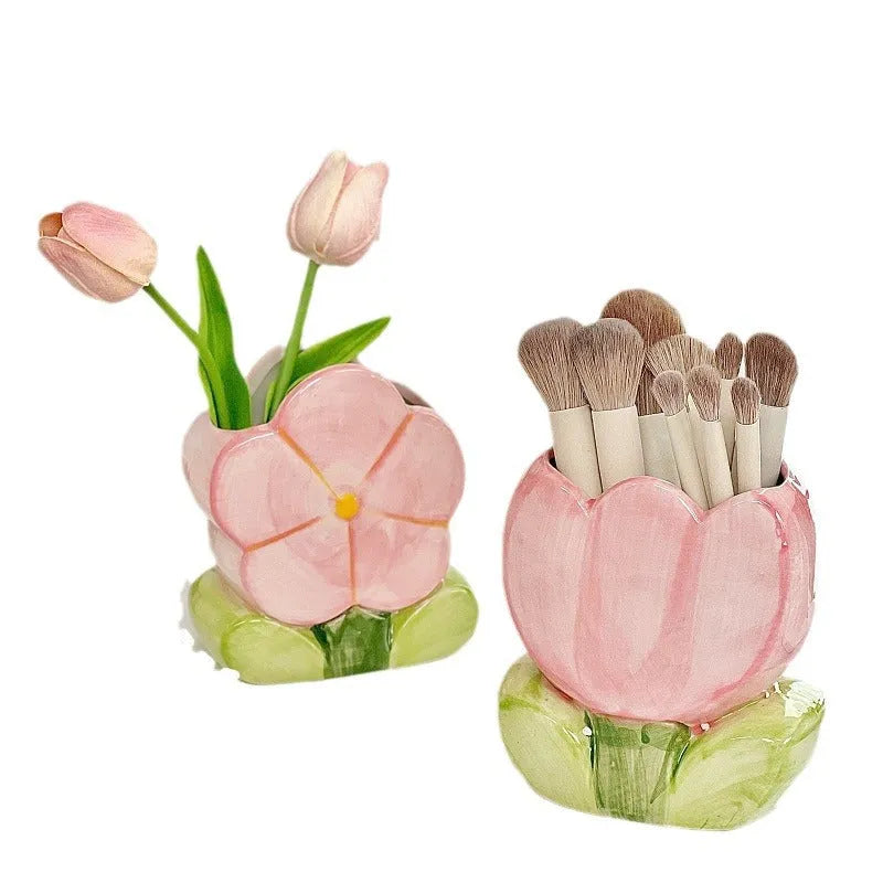 Ceramic flower pen holder storage box with floral pattern, dimensions 11.8x5.8x10 cm