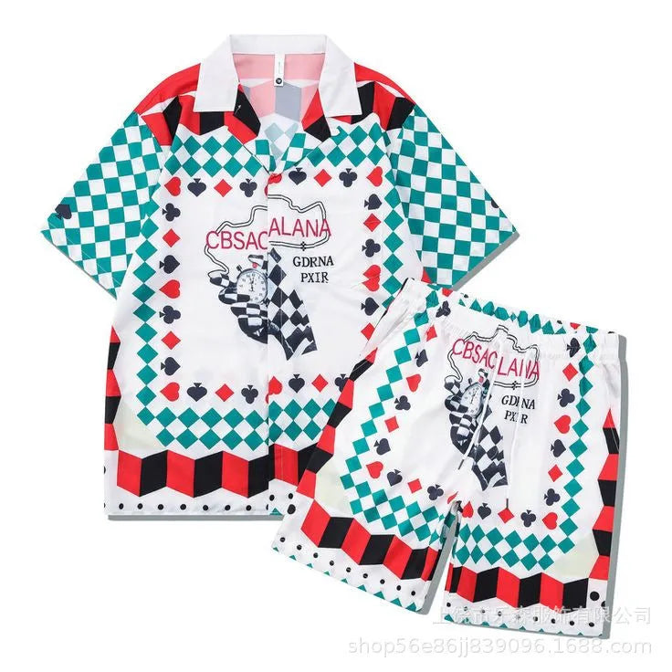 Men's plaid shirt and trouser casual outfit in polyester fabric with European-American styling