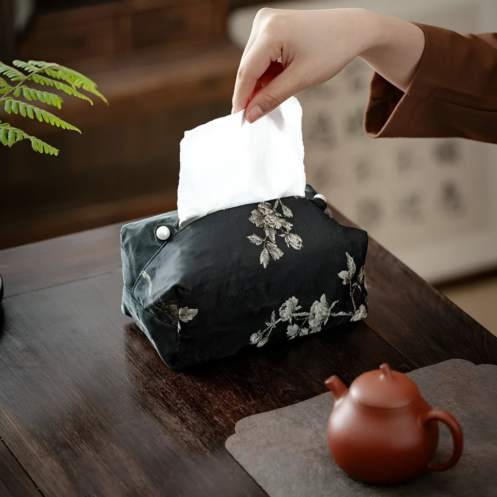 New Chinese style brocade fabric tissue box with embroidery white plum design and optional pearl buckle