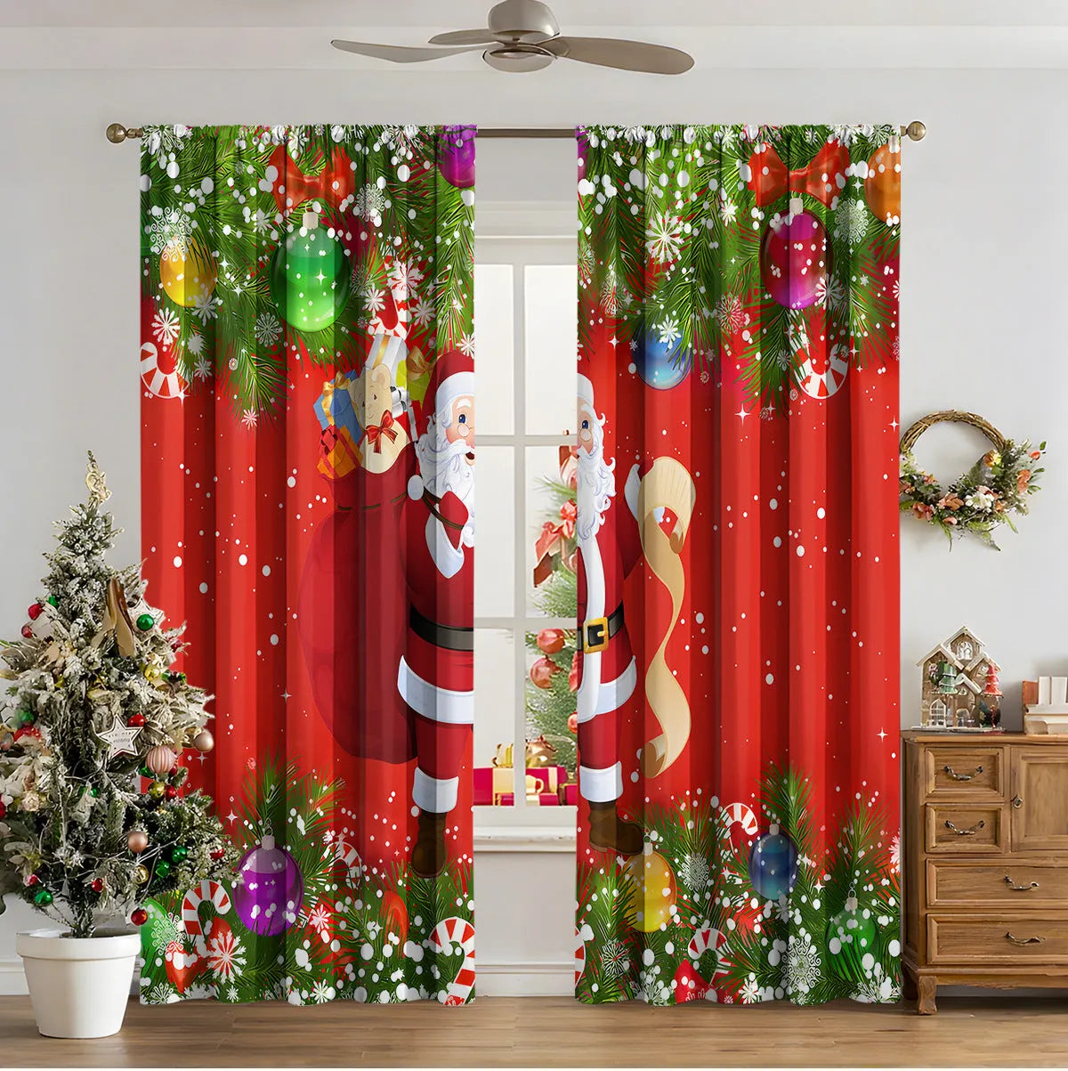 3D digitally printed Christmas curtains in polyester with festive patterns, showing high sunshade function